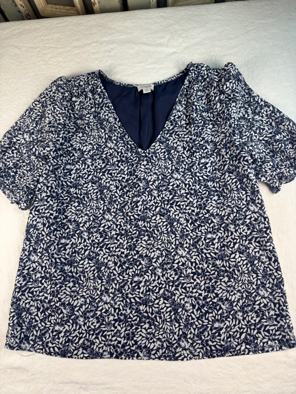 J. Crew Navy and White Floral V-Neck Blouse